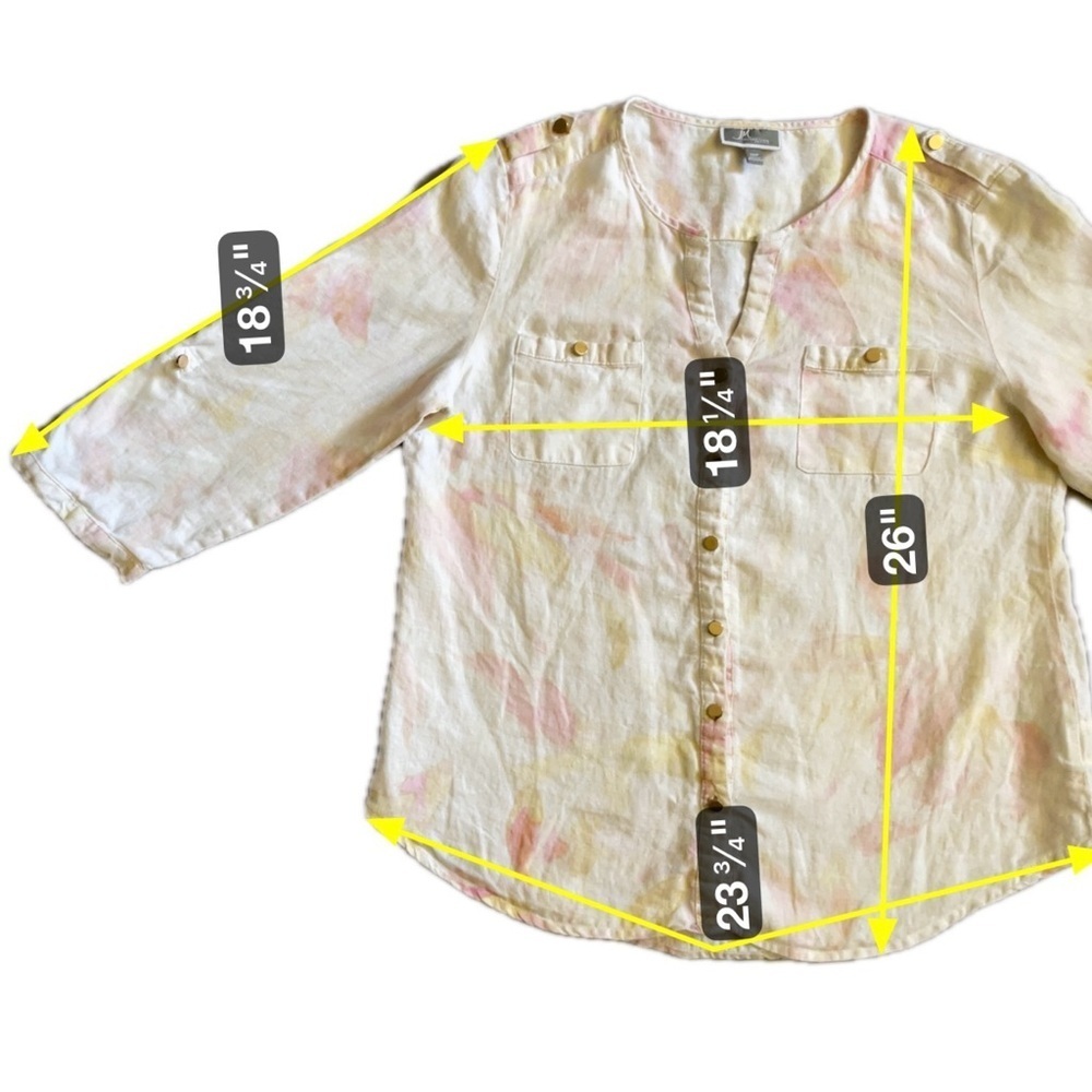 JM Collection Size 12P Women’s Button-Front Linen Top Pink Yellow Tie Dye Blouse - Picture 2 of 6